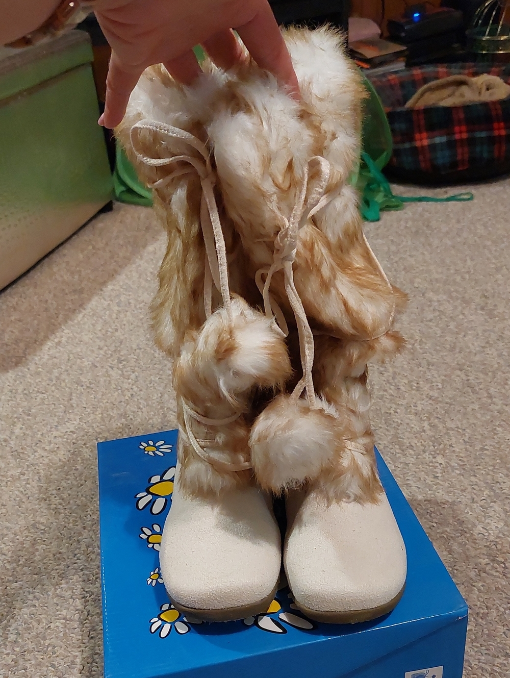Faux Fur Faux Suede Boots With Pom Poms